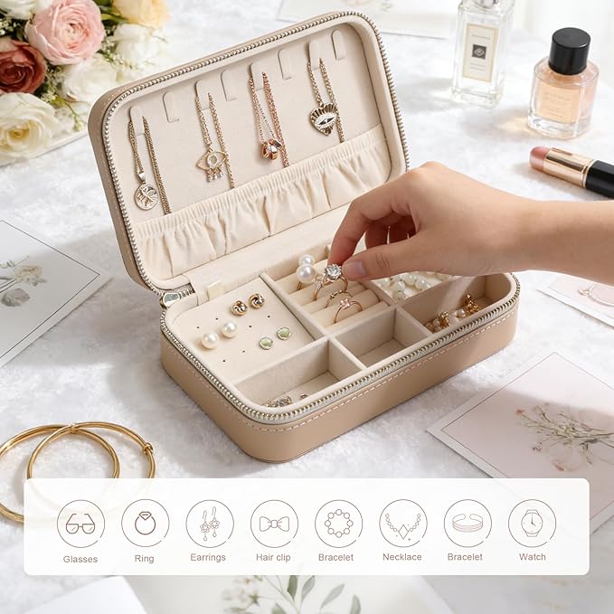 Leather Jewelry Box Women's Travel Jewelry Organizer with Zippered Design Tangle-Free Storage for Necklaces, Earrings, and Bracelets, Luxury Gift Box Apricot