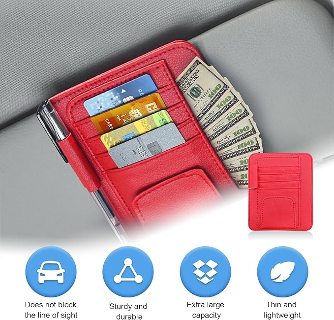Augeny Car Sun Visor Organizer, Small Auto Visor Organizer and Storage, Registration and Document Holder, Vehicle Accessories for Sunglasses, Document, Card, Pen, Driver License (Red)