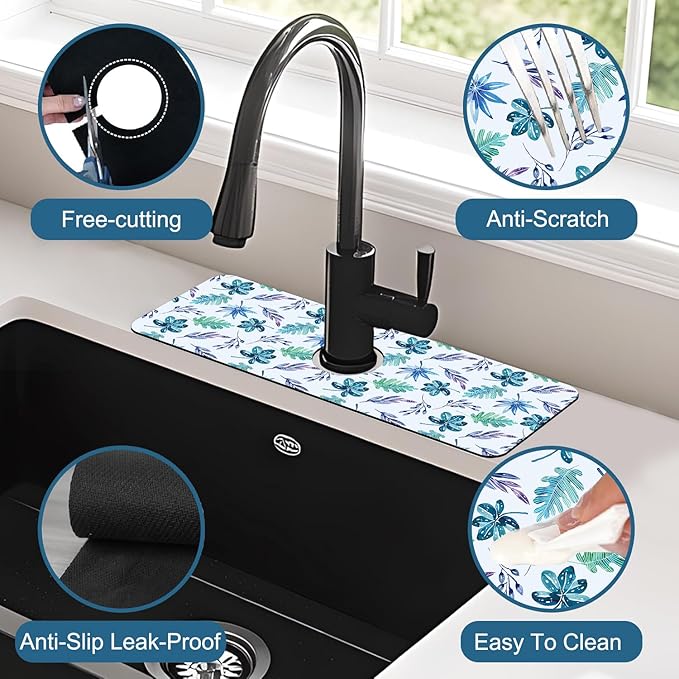 Watercolor Leaves Sink Splash Guard Faucet Mat Tropical Leaves Super Absorbent Fast Drying Mat Sink Gadgets-Splash Guard Behind Faucet Drip Catcher for Kitchen Bathroom, 15.5"x5.5"