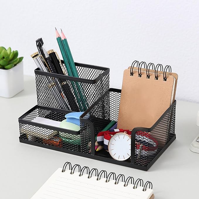 2 Pcs Metal Pen Organizer for Desk with 3 Compartments, Office Desktop Organizer Pencil Cup Caddy for Stationery Marker Storage School Home Supplies(Black，Silver (Black)
