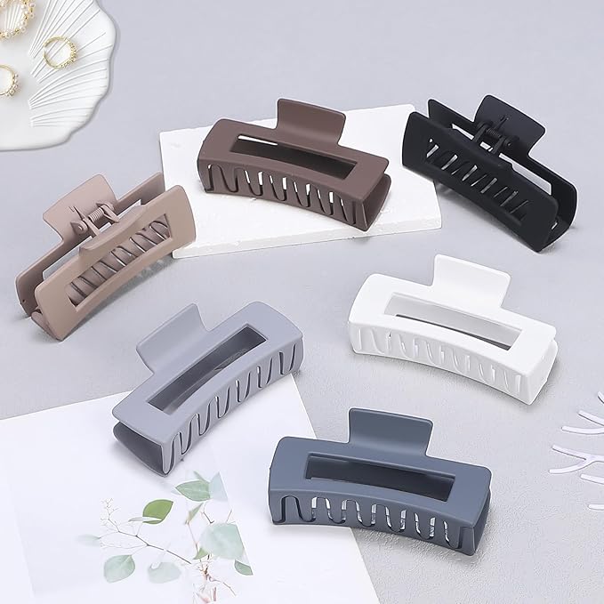 4 Inch Big Hair Claw Clips 6 Pcs Large Claw for Thick Hair Square Hair Clips for Women Rectangle Hair Clips Nonslip Acrylic Banana Jaw Clips Hair Accessories for Girls (Brown Grey)