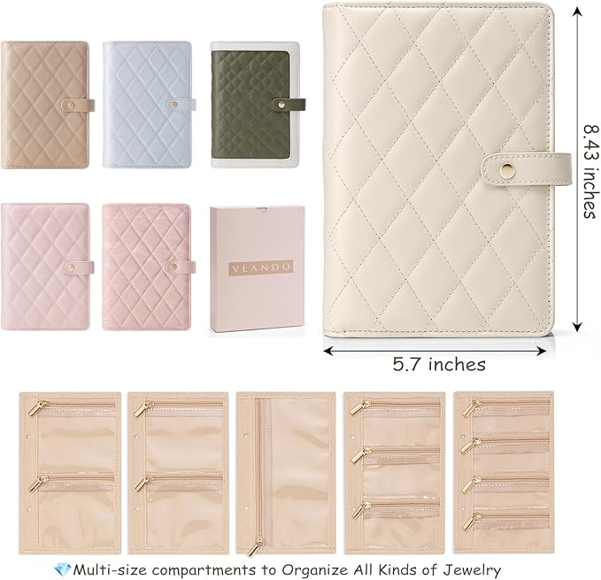 Vlando Jewelry Book Organizer - Leather Travel Jewelry Case with 5 Detachable Pages for Necklaces, Rings, Earrings, Tangle-Free, Giftable, Offwhite