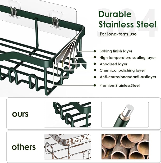 Shower Caddy Adhesive Shower Organizer 7-Pack, Rustproof Stainless Steel Bathroom Shelves, Large Capacity No-Drill Rack Storage Accessories with Soap Dish Toothbrush Holder Hooks