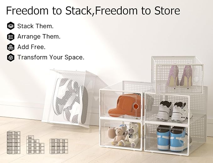 Kuject XX-Large Shoe Storage Boxes Organizers Clear Plastic Stackable 12 Pack, Shoe Rack & Holder Substitute, Sneaker Containers, Shoe Storage Organizer Bins for Closet, Under Bed, White (No Fold Line)