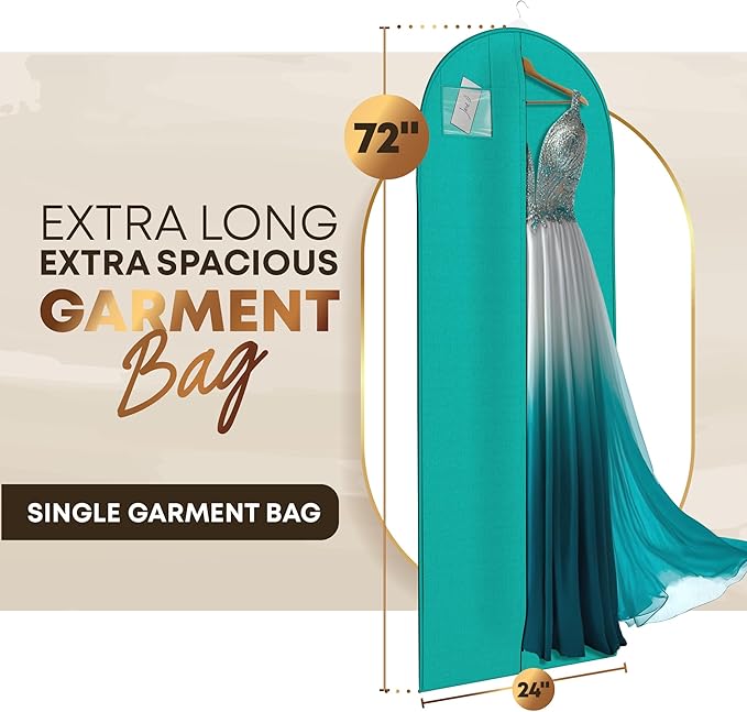 72" Long Dress Bags for Gowns - Wedding Dress Garment Bag for Dresses - Long Garment Bags for Hanging Clothes & Closet Storage - Durable Travel Bag for Women with ID Window
