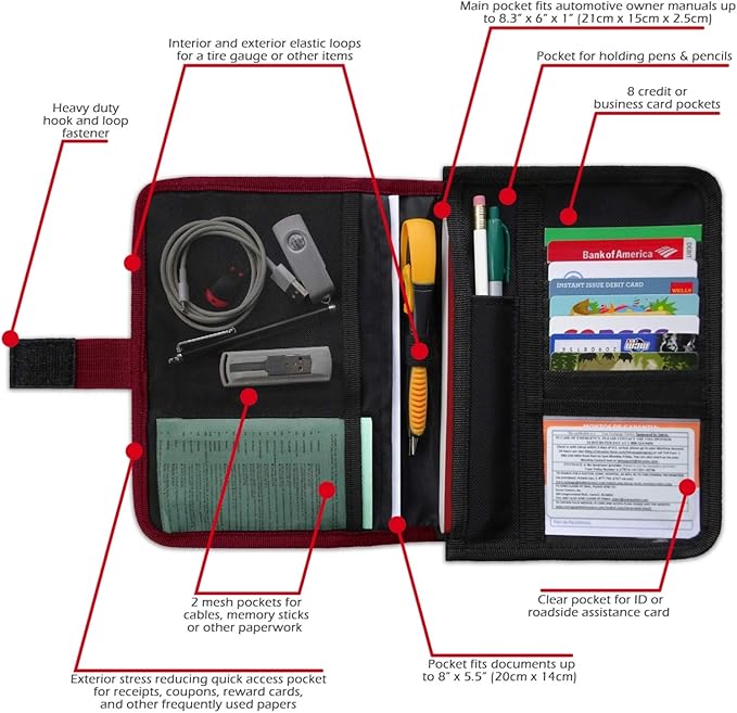 Glove Box Compartment Organizer - Car Document Holder - Owner Manual Case Pouch - Vehicle Storage Wallet for Registration & Insurance Card - Premium Auto Paperwork Holder - Log Book included - Red