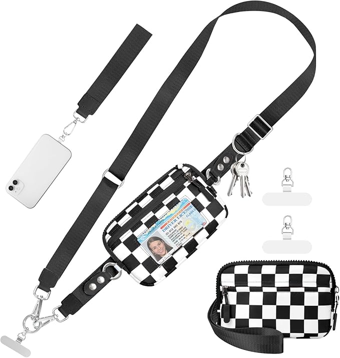Clip and Go Strap for Phone with Wallet Crossbody Phone Lanyard and Detachable Checkered Bag with ID Window and RFID Pouch for Daily Travel.