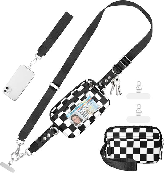 Clip and Go Strap for Phone with Wallet Crossbody Phone Lanyard and Detachable Checkered Bag with ID Window and RFID Pouch for Daily Travel.
