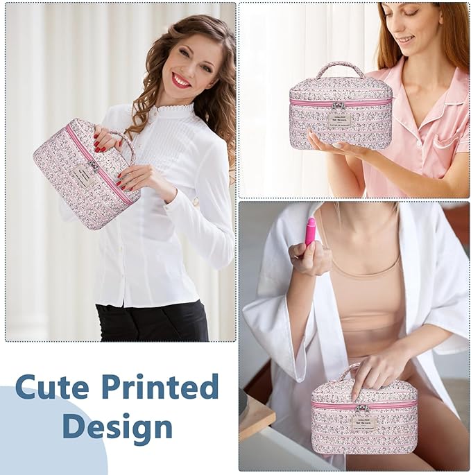 Large Makeup Bag, Cute Cosmetic Bag for Women Girls, Floral Coquette Aesthetic Toiletry Bag, Travel Make Up Organizer Bag(Small Pink Floral