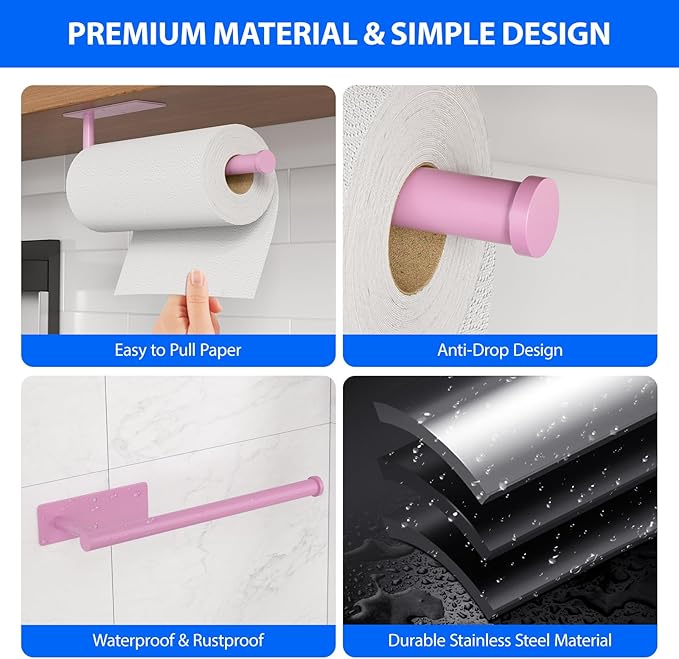 Paper Towel Holder Under Cabinet, Self-Adhesive,No Drilling, Stainless Steel, Wall-Mounted for Kitchen and Bathroom, Easy Install, Durable, Space-Saving, Ideal for Home, RV (Pink, 2 Pack)