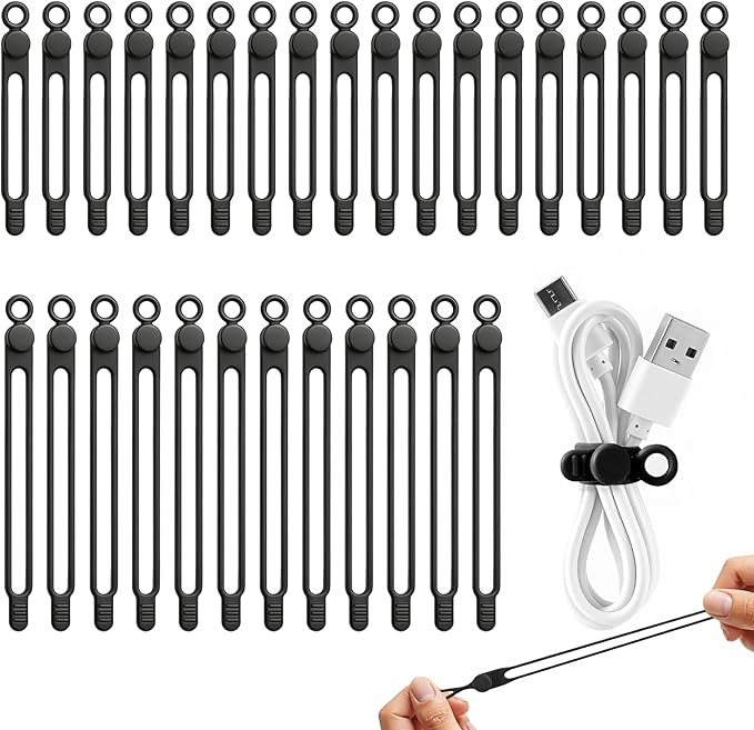 30 Pcs Silicone Cable Ties, Reusable Data Cable Organizer Wire Organizers for Office, Multipurpose Elastic Cord Wraps Cable Management for Charging Cord,Appliances,Home,Office,Kitchen,School,Travel