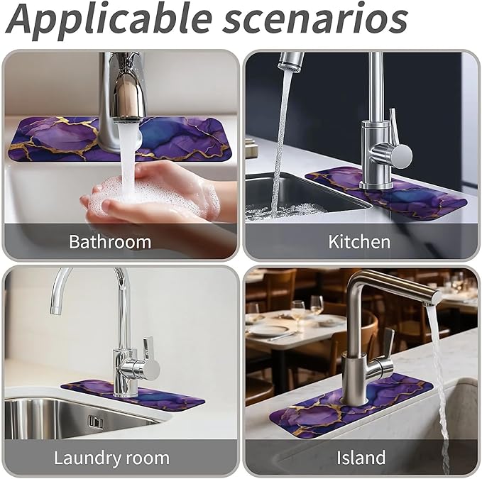 Kitchen Sink Splash Guard，Deep-purple gold marble Faucet Mat Sink Gadgets-Super Absorbent Fast Drying Mat Drip Catcher for Kitchen, Bathroom,Sink Mat, Dish Drying Mat, Bathroom(15" X 5.5" )