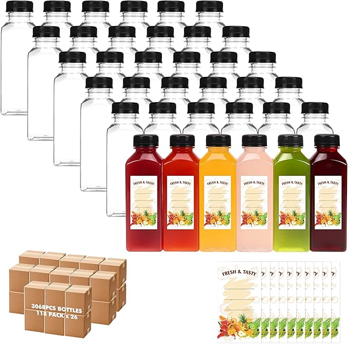 BAKHUK BAKHUK3068pcs 12oz Empty Plastic Juice Bottles with Caps, Plastic Water Bottles with lids, Reusable Clear Bulk Beverage Containers for Juice, Milk and Other Beverages