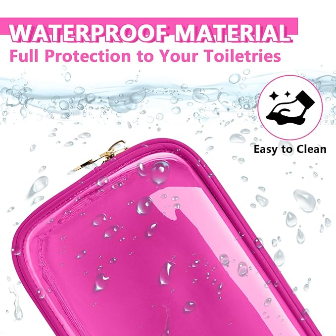 Clear Small Makeup Bag with Zipper, Nylon&PVC Cosmetic Travel Bag Preppy TSA Approved Toiletry Bag for Women Girls, Transparent Waterproof Makeup Pouches Cute Travel Bag for Purse (Small-Hot Pink)