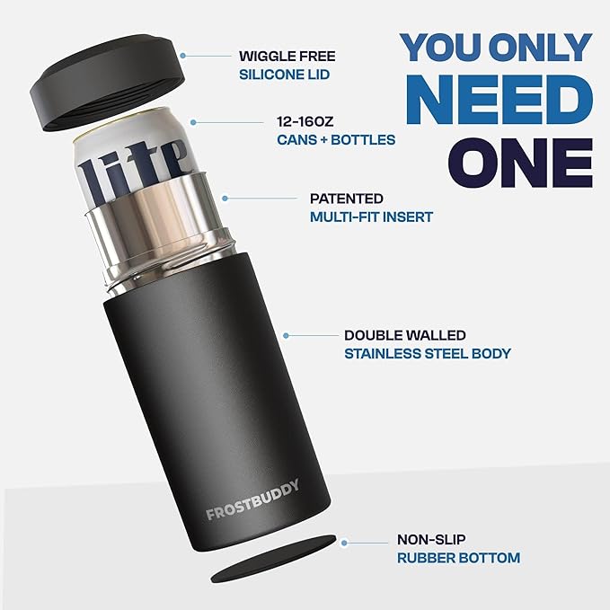 Frost Buddy Universal Can Cooler - Fits all - Stainless Steel Can Cooler for 12 oz & 16 oz Regular or Slim Cans & Bottles - Stainless Steel (Dark Glitz)