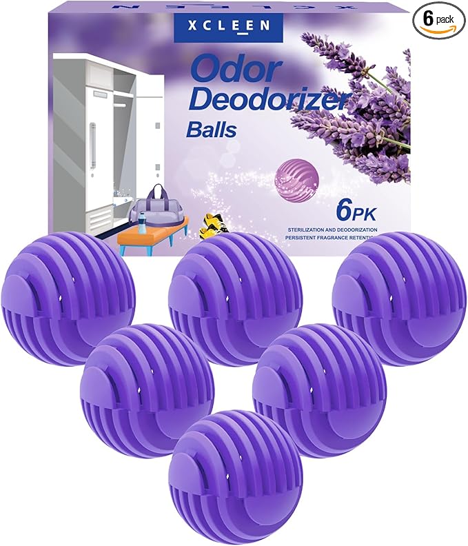 Shoe Deodorizer Balls Lavender 6 Pack, Natural Essential Oil Long Lasting Sneaker Odor Eliminator, Small Spaces Air Freshener for Car Gym Bags, Drawers and Locker