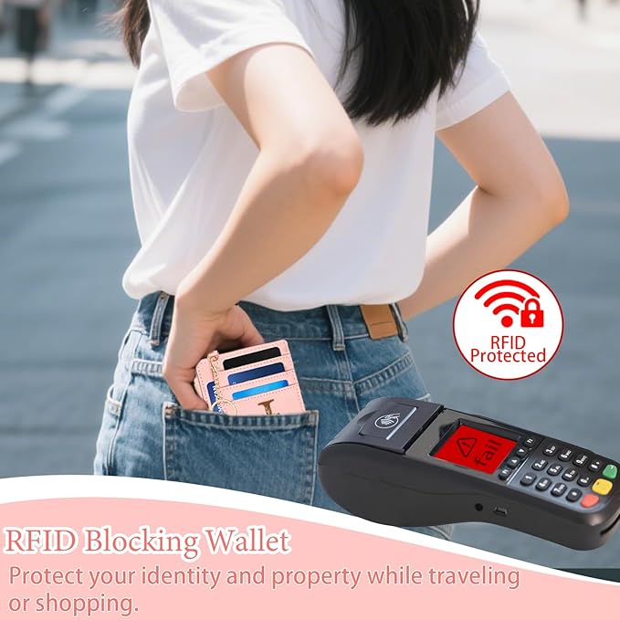 Slim Wallet for Women Slim Leather Card Case Holder Wallet Coin Change Purse with Keychain,Personalized Birthday Gifts for Women Her Freind Sister Girlfriend,Initial Letter I(Pink)