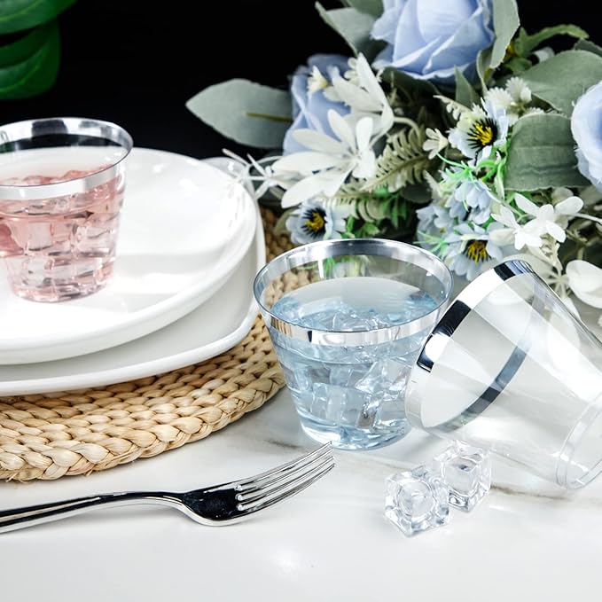 I00000 200pcs Silver Disposable Plastic Cups 9 oz Clear Plastic Cups Old Fashioned Tumblers Silver Rim Cup Disposable Party Cup Elegant Silver Wine Glasses Cocktail Cup