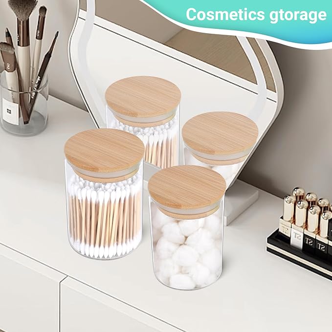 2 Pack Glass Q-tip Holder Dispenser Set - Apothecary Jars with Lids for Vanity Makeup Organizer - Bathroom Canister Storage Organizer for Cotton Balls, Swabs, Round Pads, Floss