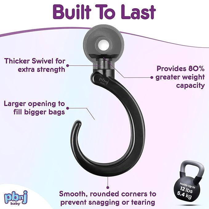 PBnJ Baby Stroller Hooks, 2-Pack Organizer Clips for Travel, Purses, Shopping, Diaper Bags
