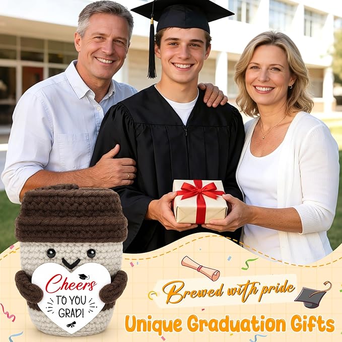 Graduation Gifts for Her Him - Cheers To You Grad - Handmade Positive Crochet Coffee Mug Graduation Decoration College High School University Grad Academy Masters Congratulations Gifts for Friends
