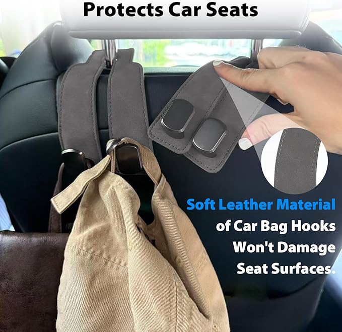 Travel Depot Car Seat Hooks 2 Pack, Leather Headrest Hooks for Car with Double-Hook Design, Durable Headrest Hook Bag Holder Purse Hanger, Organizer for Seat Back in SUV, Truck, Vehicle, Grey