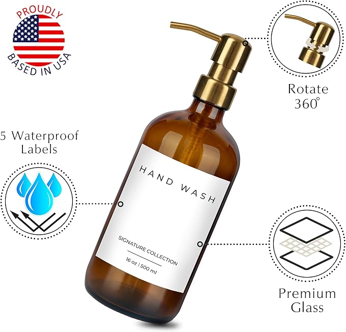 Emerson Essentials Glass Soap Bottle Dispensers, 2 Pack, Stainless-Steel Pumps Rust-Free, Hand Set for Bathroom Kitchen Sink, Liquid Lotion Shampoo Jars with 4 Waterproof Labels, 16 Oz Amber/Gold