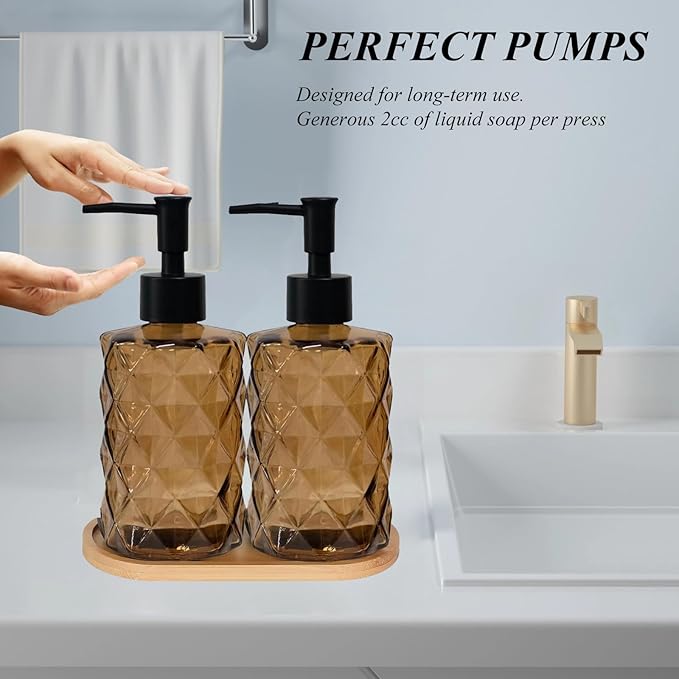 Glass Hand and Dish Soap Dispenser Set of 2 with Plastic Pumps, Bamboo Tray, 12oz Brown Bathroom Soap Dispenser with Diamond for Hand Wash & Dish Wash, Ideal for Bathroom Kitchen Countertop