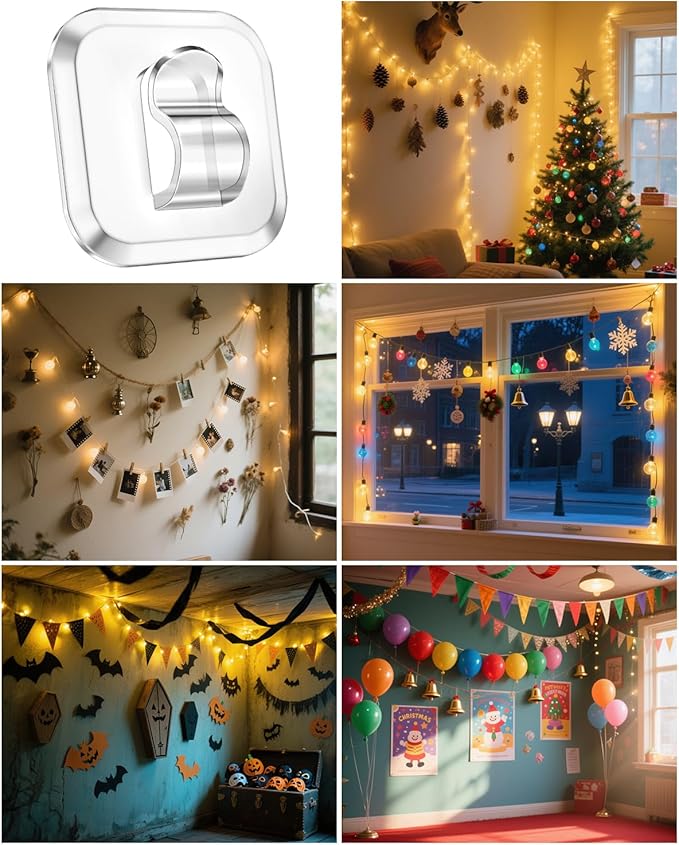 50 Mini Light Hooks with Adhesive Strips: Indoor Clear Small String Light Clips Damage Free - Plastic Wall Hook for Hanging - Fairy Tiny Christmas Light Cable Hangers Clip Decoration Decor