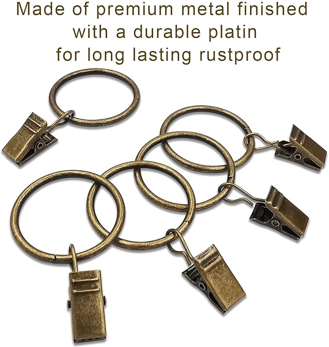 100 Pack Curtain Rings with Clips, Curtain Clip Rings Hooks, Bow Hanger Clips for Hanging Drapery Drapes Bows, Ring 1.26 inch Interior Diameter, Fits up to 1" Rod, Bronze