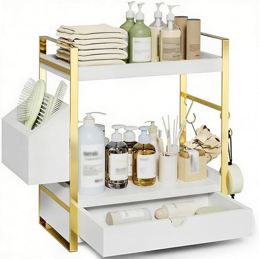 2-Tier Bathroom Counter Organizer with Drawer and Basket, Wood Countertop Organizer for Storage, Skincare Organizers for Vanity, Counter Shelf for Bathroom Organization (White-Gold)