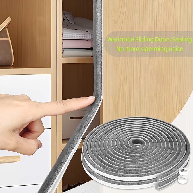 2Pack MILEQEE Door Brush Seal, 66 Feet Total, Felt Pile Weather Stripping for Doors, Weather Strip for Windows Cabinet, Self Adhesive Draft Blocker, Dust Stopper Sliding Door Seal Winter, Grey 20m