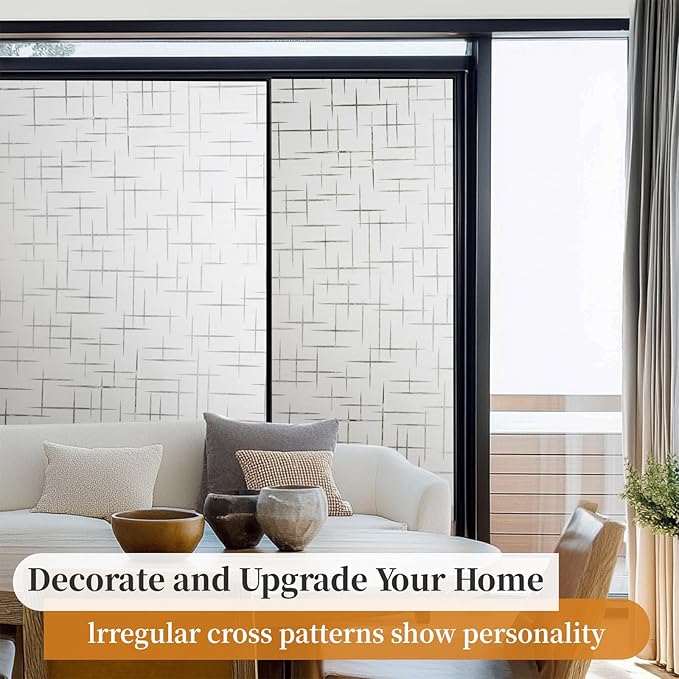 Window Privacy Film Frosted Glass Window Film Decorative, Removable Static Cling Heat Blocking Sun Blocker Front Door Window Covering for Bathroom Home Office (Cross Pattern,35.4" x 78.7")