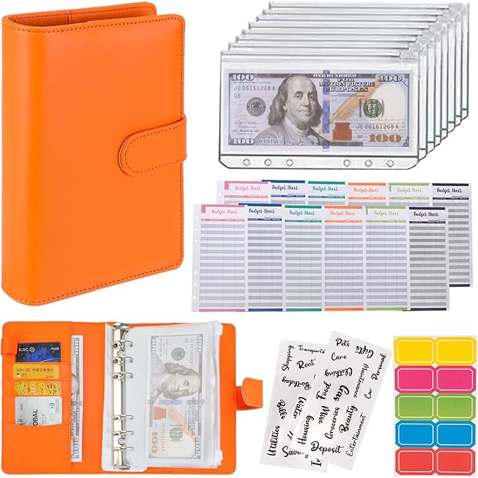 NICOOTHBudget Binder Cash Envelopes A6 Money Saving Binder with Zipper envelopes (Orange)