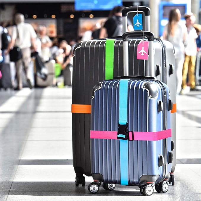 Weewooday 8 Pcs Luggage Straps Suitcase Tags Set for TSA Approved, 4 Travel Adjustable Suitcase Belt, 4 Silicone Luggage Tags with Name ID Card Travel Accessories(Blue, Pink, Green, Orange,Airplane)