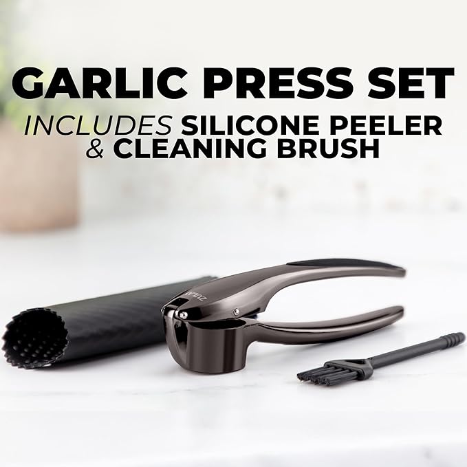 Zulay Kitchen Premium Garlic Press Set – Rust Proof & Dishwasher Safe Garlic Mincer Tool with Silicone Garlic Peeler & Brush, Easy Squeeze & Clean, Ergonomic Soft Grip Handle - Medium – Dark Gray