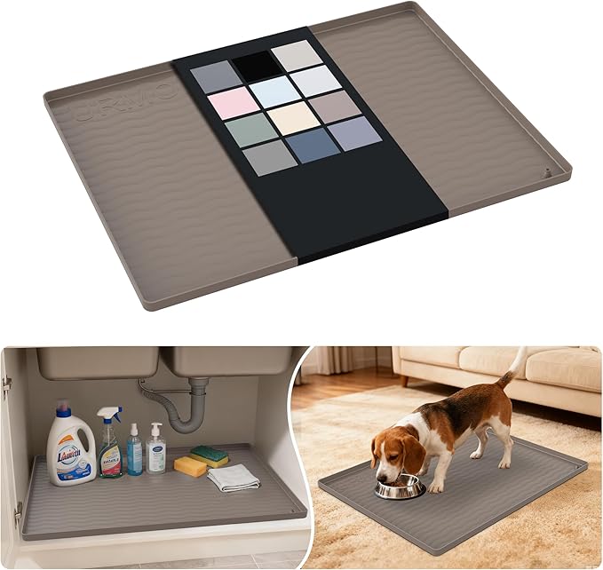 URMONA Waterproof Silicone Under Sink Mat 25'' x 19'' Shelf Liner for Kitchen and Bathroom, Cabinet and Counter Protector, Storage and Organizers, Litter Mat, Pet Cat Puppy Essentials(Beige)