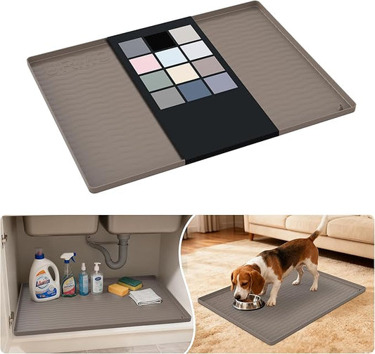 URMONA Waterproof Silicone Under Sink Mat 25'' x 19'' Shelf Liner for Kitchen and Bathroom, Cabinet and Counter Protector, Storage and Organizers, Litter Mat, Pet Cat Puppy Essentials(Beige)