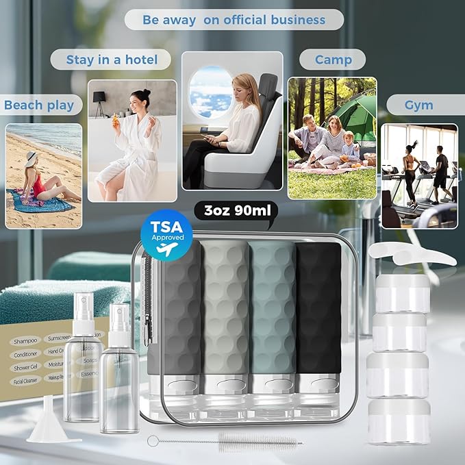 16pack Travel Bottles for Toiletries, TSA Approved Travel Size Containers Set, Leak Proof Refillable Liquid & Creams Toiletries Accessories Kit W/Toiletry Bag (Gray)