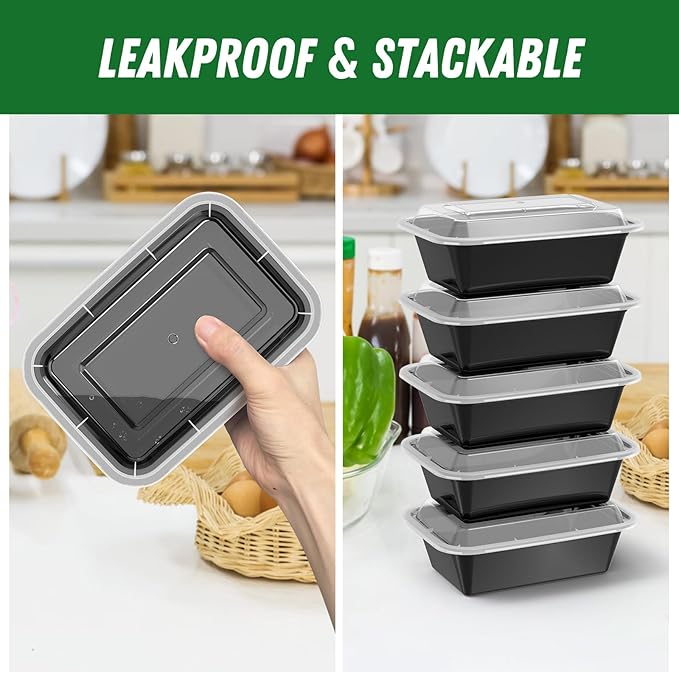 Dealusy 50 Pack (100-Piece) 24 oz Meal Prep Containers Reusable with Lids, Sturdy Leakproof & Food Safe, Microwave, Freezer, Dishwasher Safe Prep Containers, To Go Take Out Plastic Food Storage