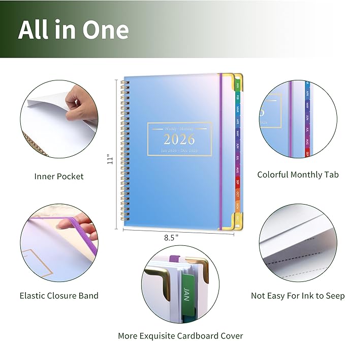 Planner -2026, Hardcover Weekly & Monthly Calendar Planner, January 2026 - December 2026, 8.5" x 11", Daily Agenda Book with Colorful Tabs, College Organizer Notebook, School & Work Supplies for Student Teacher Classroom