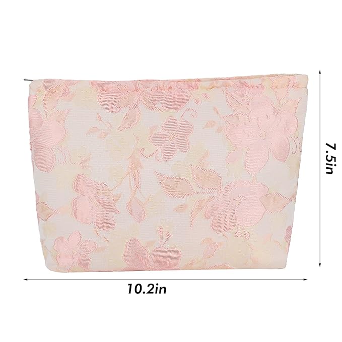 ZLFSRQ Flower Makeup Bag Travel Cute Floral Cosmetic Bags for Women Large Capacity Toiletry Pouch Zipper Cosmetic Pouch for Purse Aesthetic Embossed Pink Makeup Organizer Portable Toiletry Bags