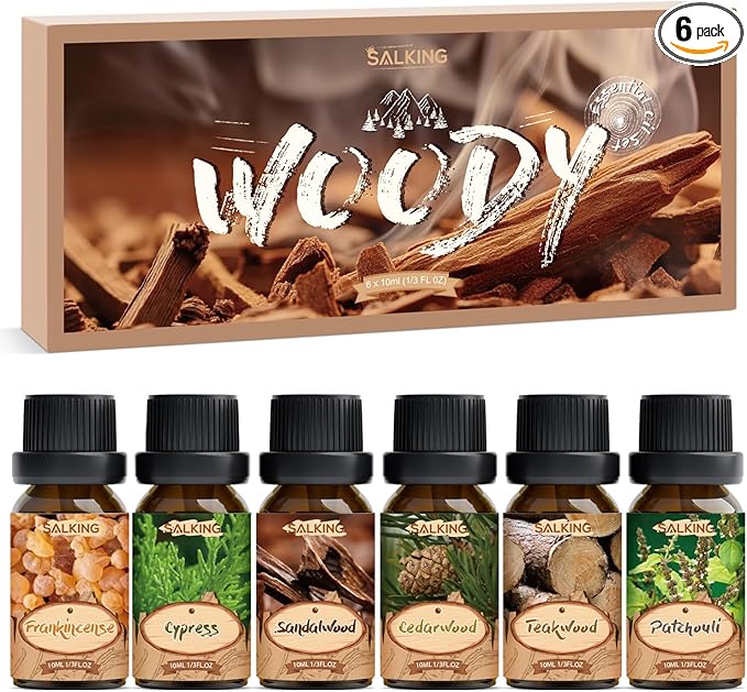 SALKING Woody Essential Oils Gift Set, Natural and Pure Aromatherapy Fragrance Oils for Diffuser, Humidifier, Massage- Frankincense, Teakwood, Sandalwood, Cypress, Cedarwood, Patchouli