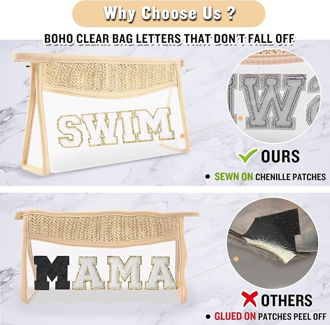Clear Makeup Letter Patch Makeup Bag SWIM Pouch, Boho Clear Toiletry Bags Travel Small Cute Preppy Letter Cosmetic Zipper Pouch Purse, Transparent Waterproof Glitter Beach Makeup Bag for Women (SWIM)