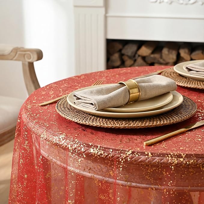 Horaldaily Red Gold Gauze Tablecloth 60x60 Inch Round, Red Sequin Glitter Metallic Foil, Sheer Tulle Cheesecloth for Wedding Baby Shower Ceremony Birthday