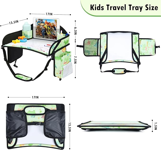 2PCS Kids Travel Tray, Car Seat Tray for kids Travel, Toddler Road Trip Essentials With Drawing Kit, Toddler Lap Desk Organizer for Car, Carseat Table for Airplane