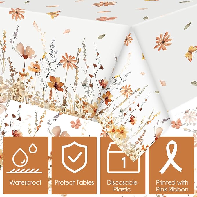 Ganeen 3 Pcs Fall Floral Tablecloth Disposable Plastic Table Covers Thanksgiving Autumn Harvest Wildflower Waterproof Tablecloths for Autumn Thanksgiving Birthday Wedding Party Decor, 54 x 108 Inch