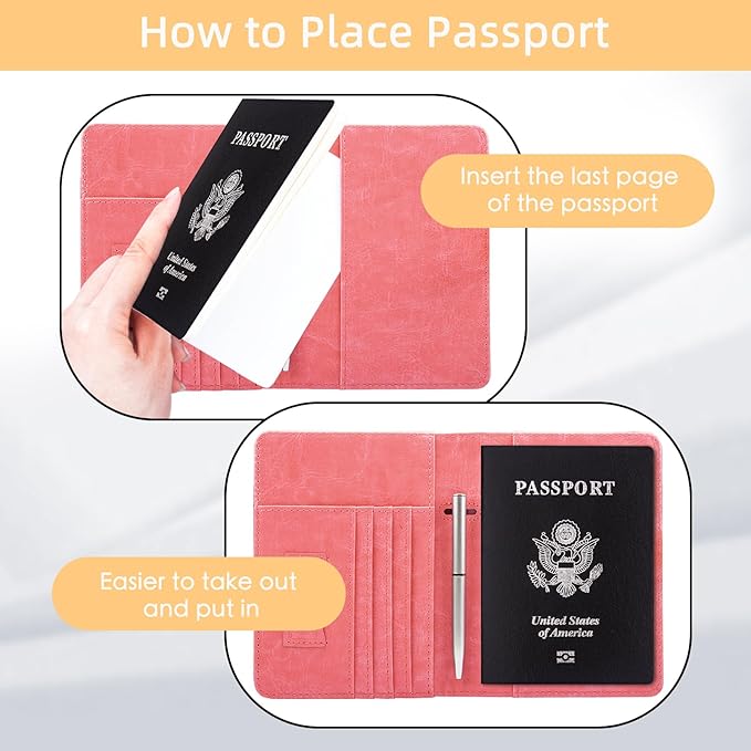 WALNEW Passport Holder for Travel, RFID Passport Cover Wallet for Women Men, PU Leather Passport Book Card Holder Case with Pen, Travelling Essentials for Flying