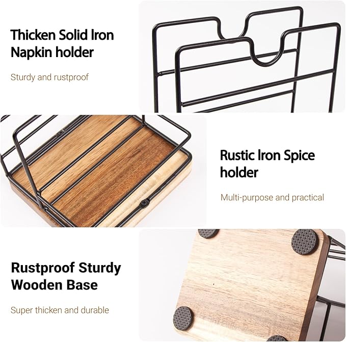 Wood Napkin Holder for Paper Napkin with Salt and Pepper Sharkers for Kitchen Dinner Table Counter Rustic Uplight Napkin Holder Disepenser for Restaurtant and Home Dinning.(Includ 3 Spice Bottles)