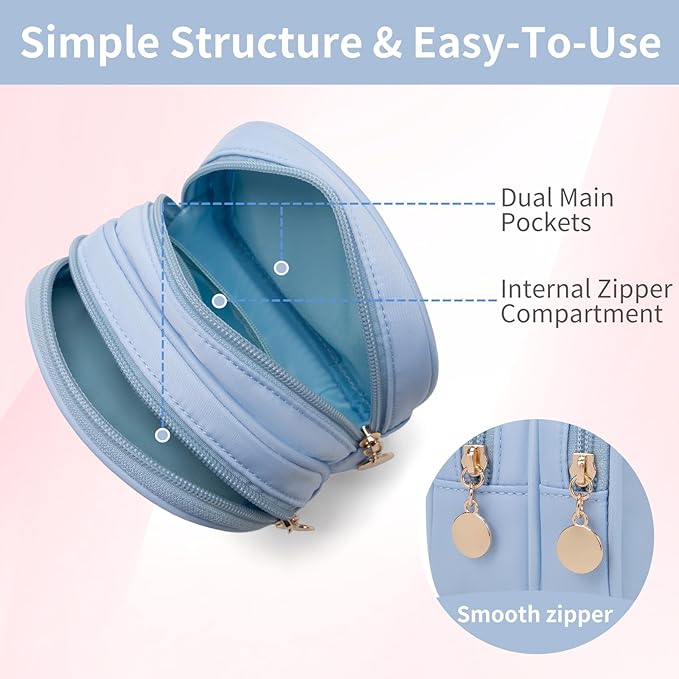 2PCS Small Makeup Pouch, Double Zipper Cosmetic Bag, Travel Makeup Bag, Cute Makeup Bag for Purse, Mini Toiletry Bag (Blue+Lilac)